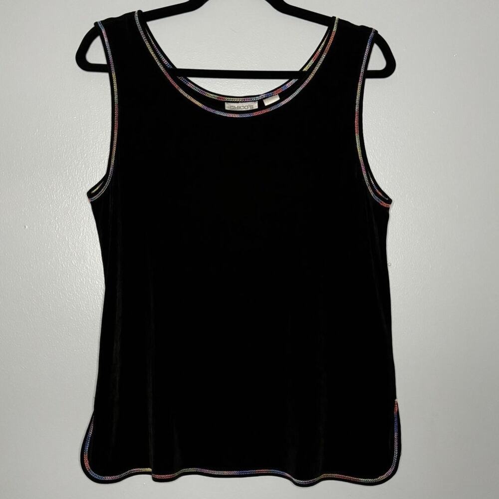 Chicos Travelers SZ 2 (12-14) Tank Black Rainbow Stitching Round Hem Slit Slinky